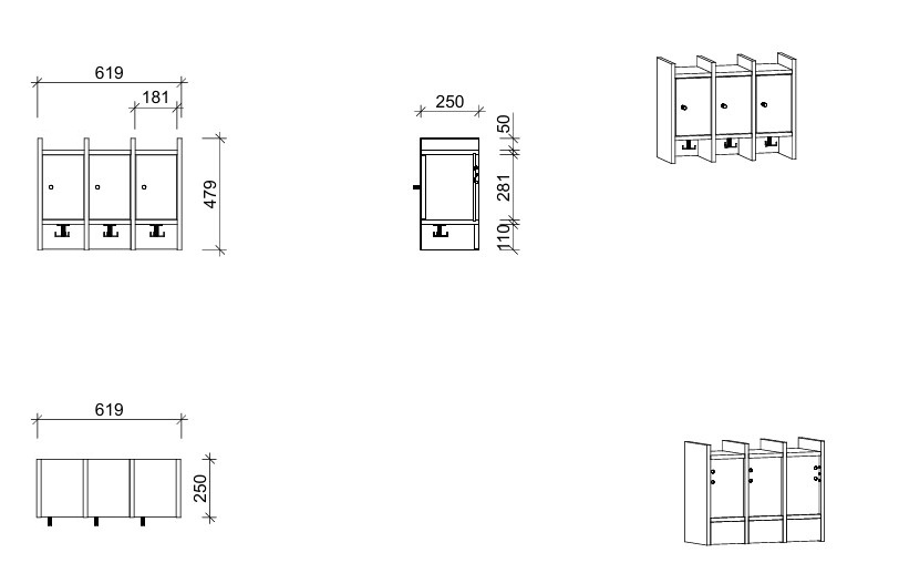 Garderobenablage | 3 Plätze und Tür rechts - Smart | 62 x 48 x 25 cm