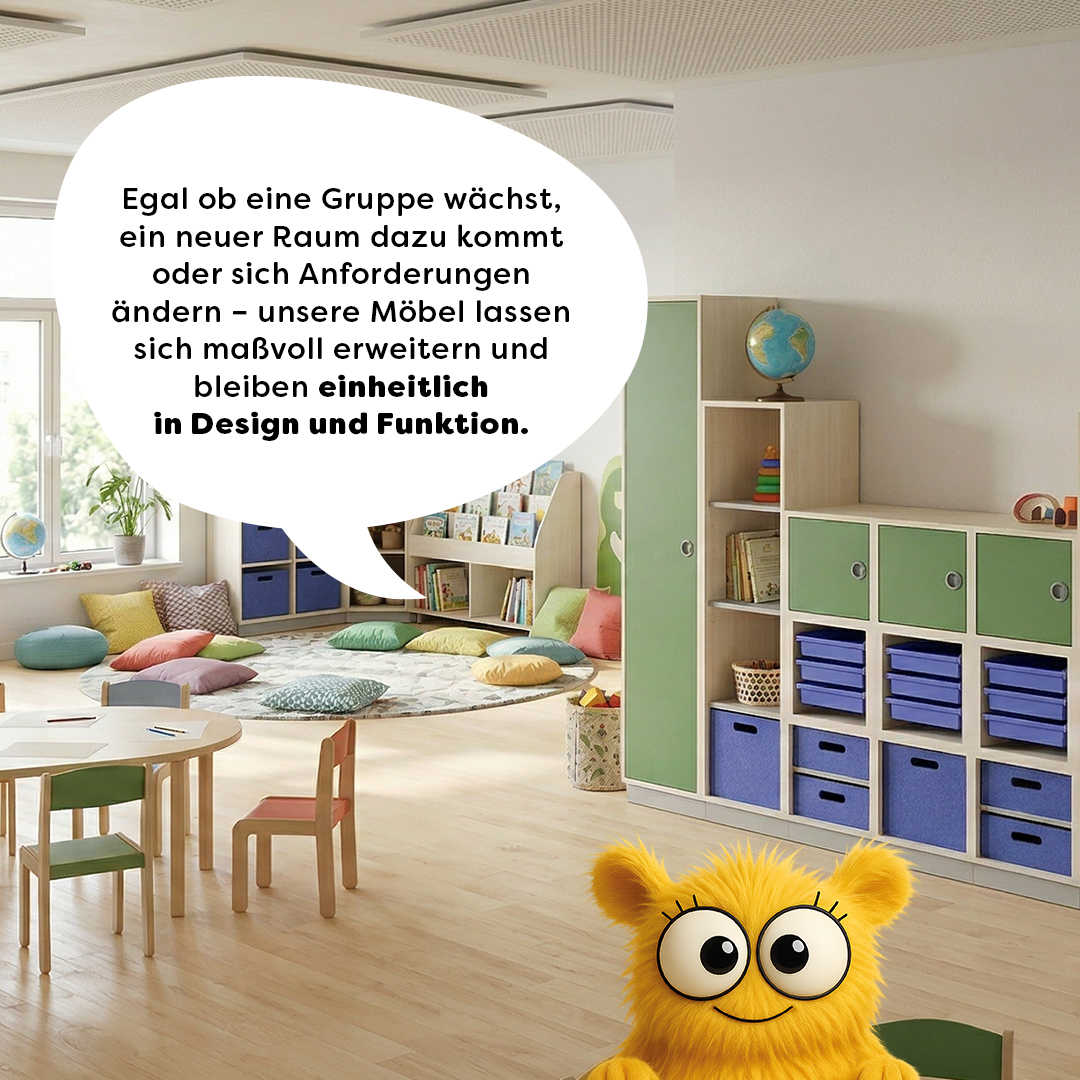 Einheitliches Design für Kindergartenmöbel – klare Linien, ruhige Farbgestaltung und visuelle Orientierung für strukturierte Lern- und Spielräume