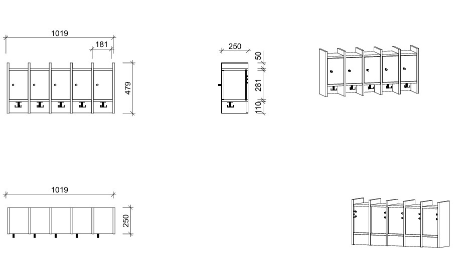 Garderobenablage | 5 Plätze und Tür rechts - smart | 102 x 48 x 25 cm