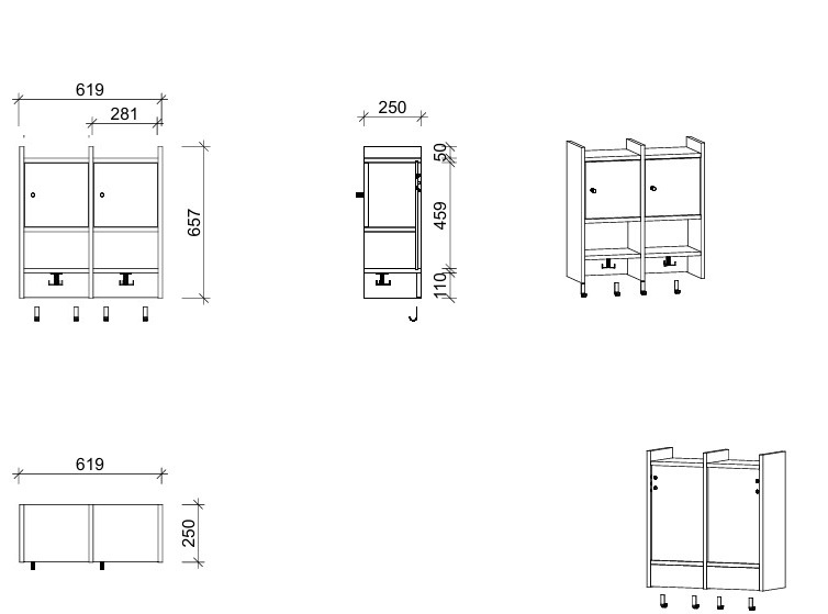 Garderobenablage | 2 Plätze, Tür rechts inkl. Zusatzhaken - Basic | 62 x 66 x 25 cm