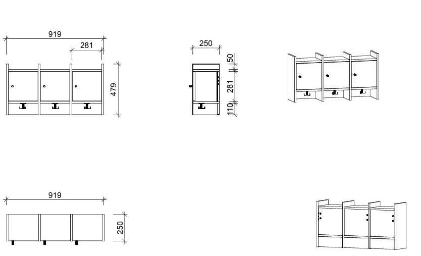 Garderobenablage | 3 Plätze und Tür rechts - smart | 92 x 48 x 25 cm