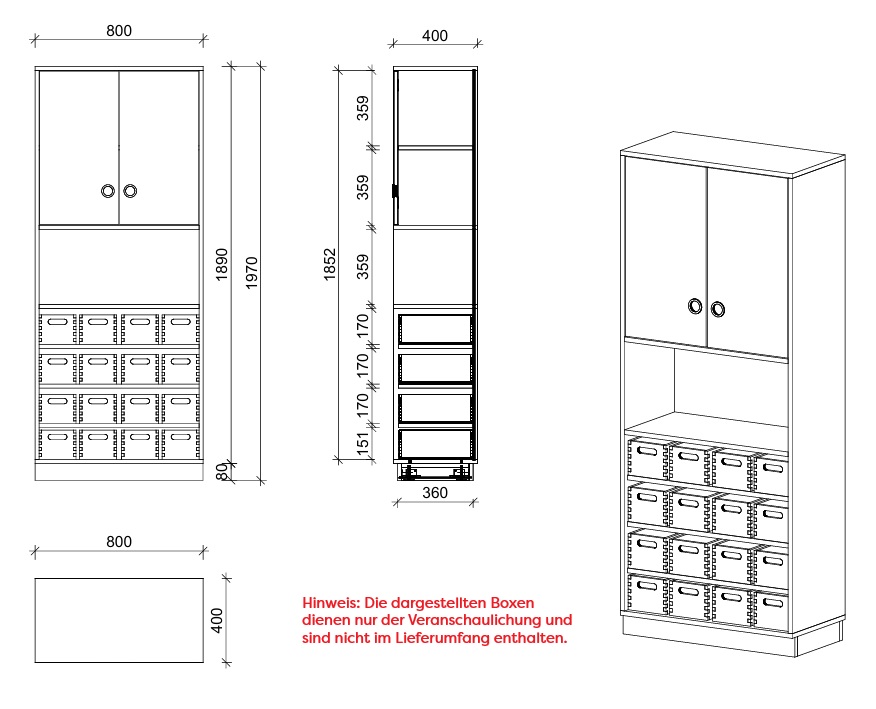 Schrank | mit 4 Fachböden für Boxen, offenem Fach und Türen, 5 OH - Smart | 80 x 197 x 40 cm