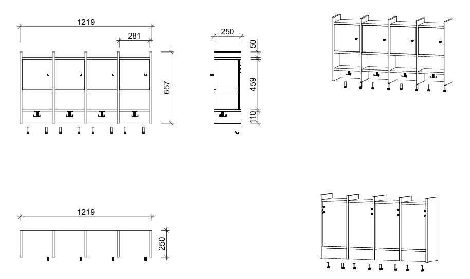 Garderobenablage | 4 Plätze, Tür links inkl. Zusatzhaken - Smart | 122 x 66 x 25 cm