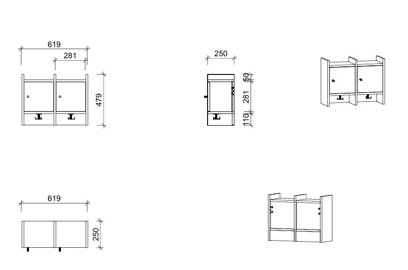 Garderobenablage | 2 Plätze und Tür rechts - Smart | 62 x 48 x 25 cm