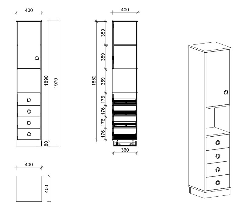 Schrank | mit Schubladen, Regal und Tür links, 5 OH - Smart | 40 x 197 x 40 cm