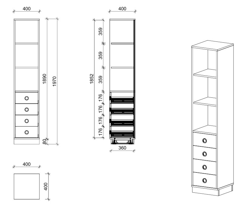 Schrank | Schubladen und Regal, 5 OH - Smart | 40 x 197 x 40 cm