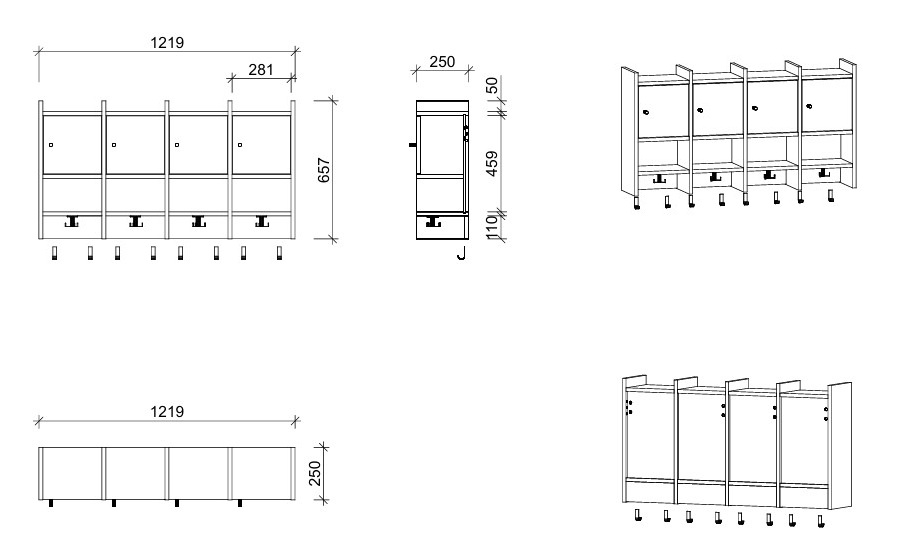 Garderobenablage | 4 Plätze, Tür rechts inkl. Zusatzhaken - Smart | 122 x 66 x 25 cm