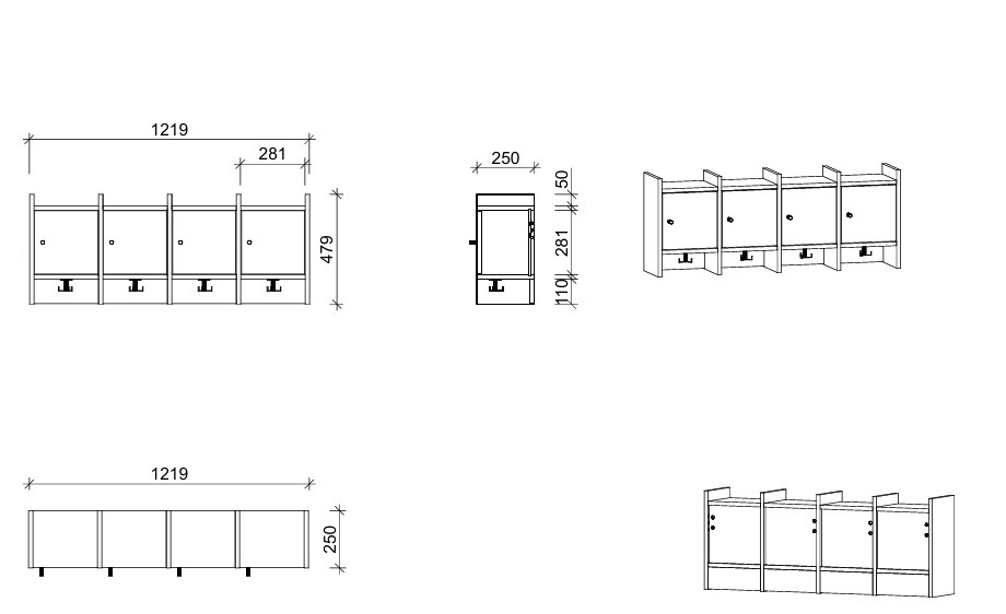 Garderobenablage | 4 Plätze und Tür rechts - Smart | 122 x 48 x 25 cm