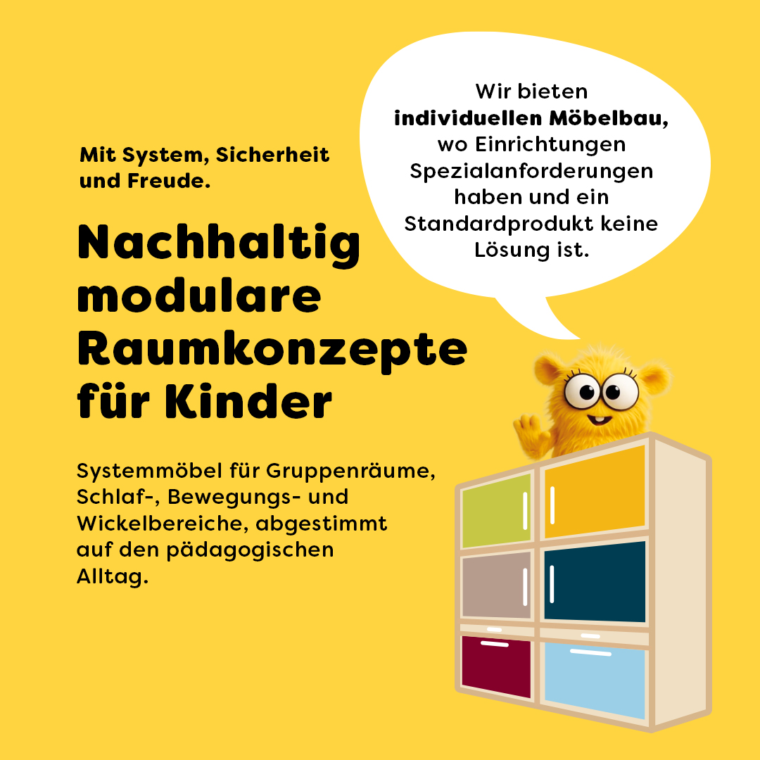 möbelinio Möbel für Kindergarten und Krippe – strukturierte Raumgestaltung mit klaren Funktionsbereichen für Spielen, Lernen und Aufbewahrung
