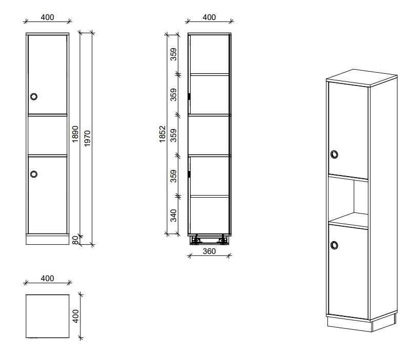 Schrank | Türen rechts und offenes Fach, 5 OH - Smart | 40 x 197 x 40 cm