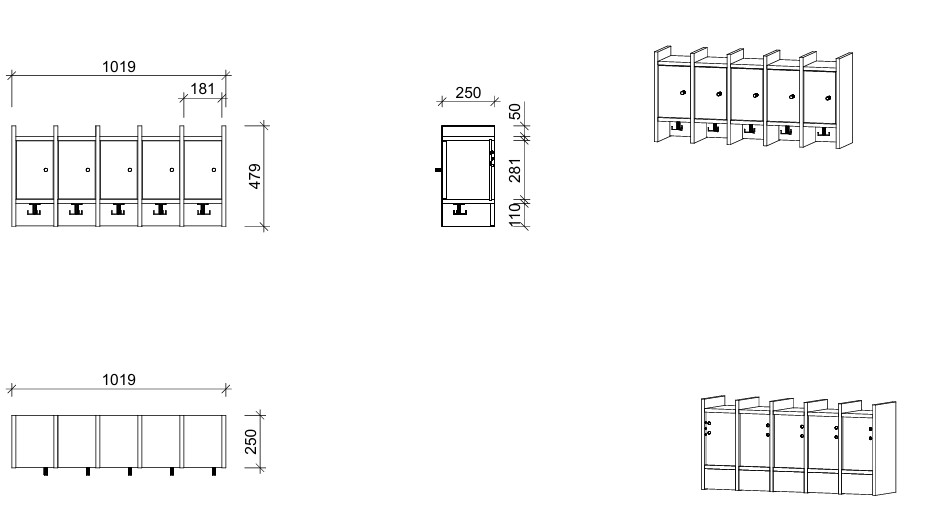 Garderobenablage | 5 Plätze und Tür links - smart | 102 x 48 x 25 cm