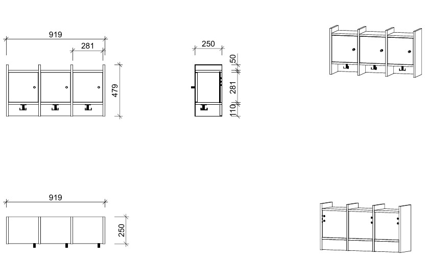 Garderobenablage | 3 Plätze und Tür links - Smart | 92 x 48 x 25 cm