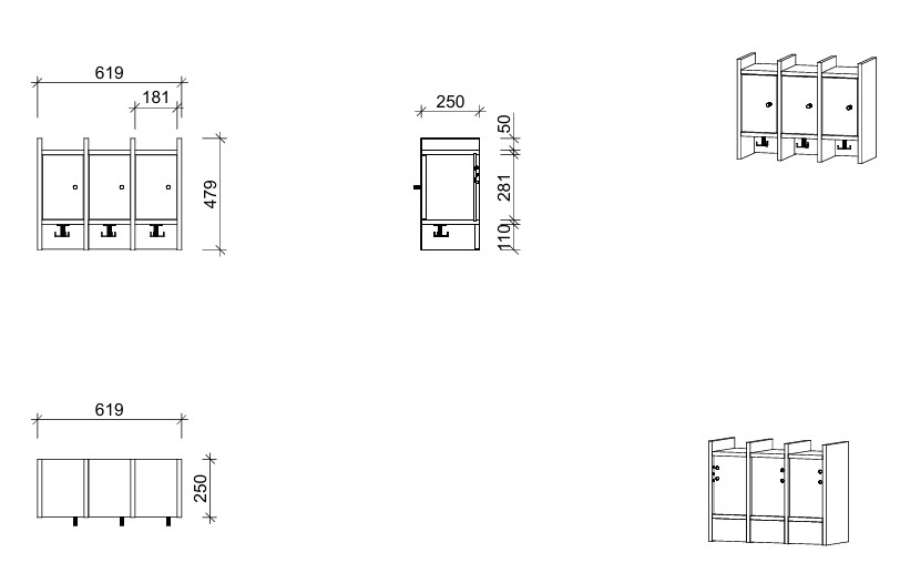 Garderobenablage | 3 Plätze und Tür links - Smart | 62 x 48 x 25 cm