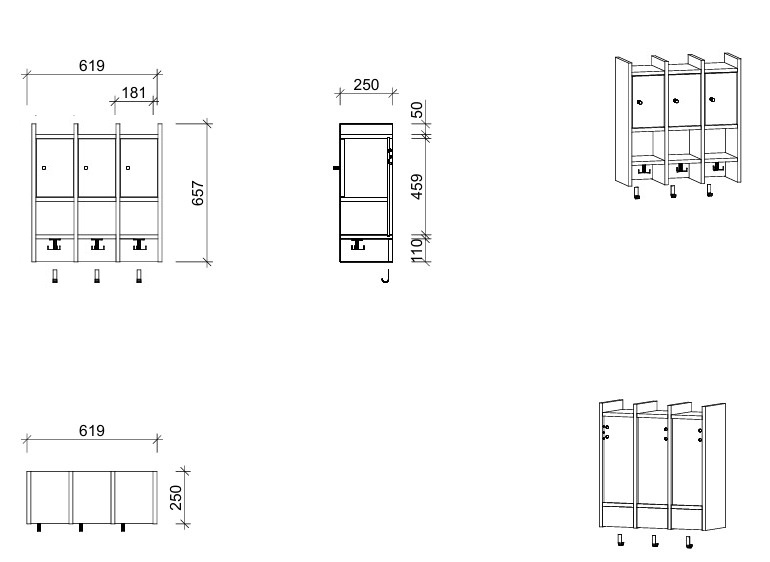 Garderobenablage | 3 Plätze, Tür rechts inkl. Zusatzhaken - Smart | 62 x 66 x 25 cm
