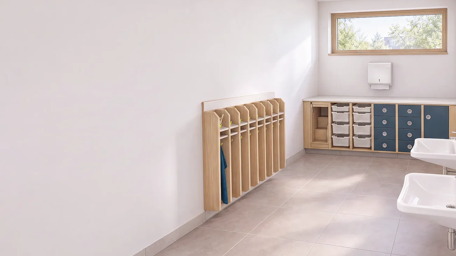 Waschbereich mit zwei niedrigen Waschbecken, Handtuchhalter aus Holz und einem Schrank mit Materialwannen.